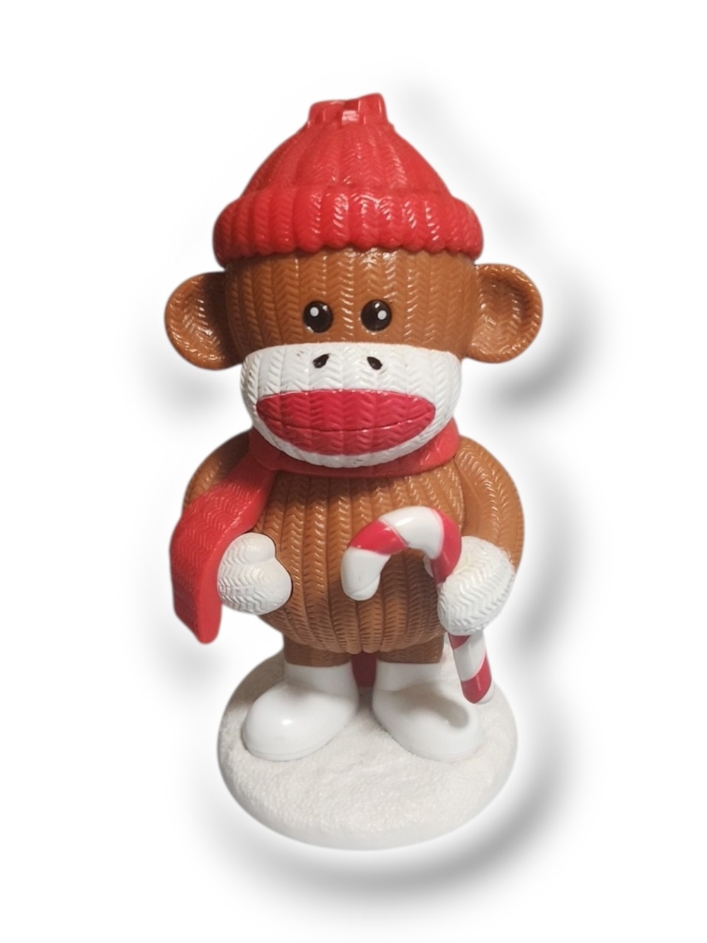 Sock Monkey Holiday Figurine with Candy Cane - Brown & Red